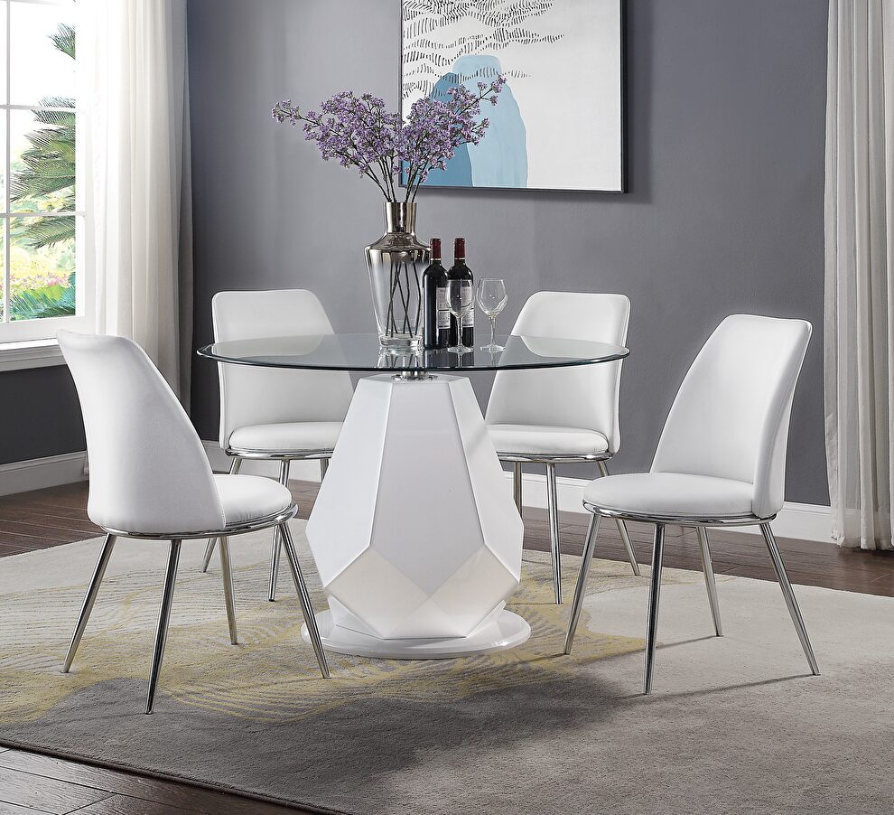 White high gloss & clear glass top dining table by Acme