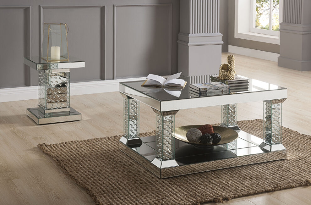 Elegant mirrored panel square coffee table by Acme