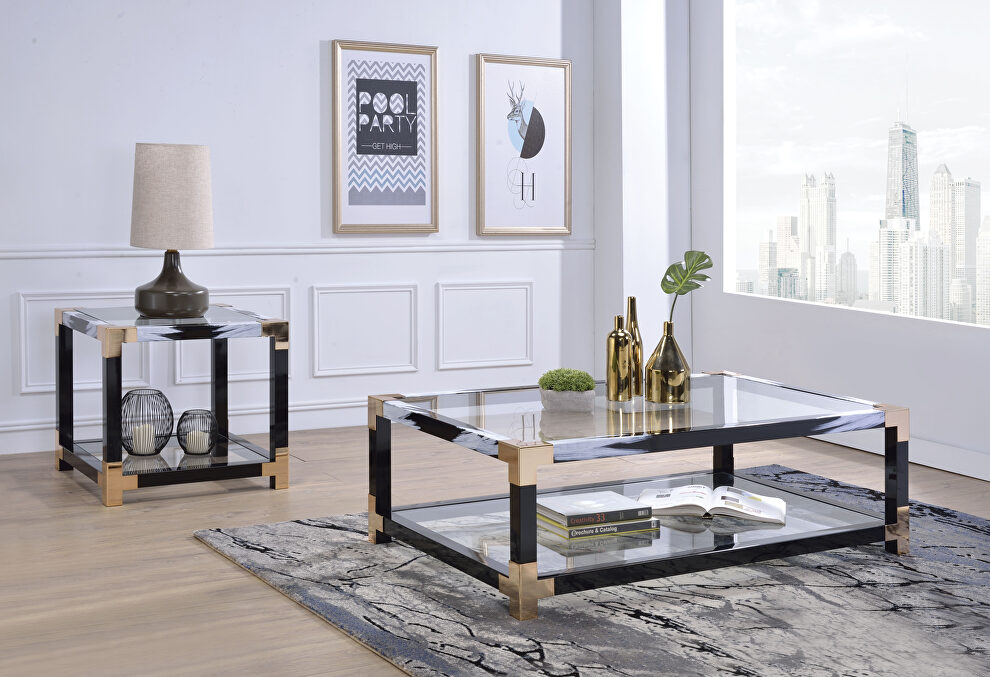 White brushed finish & clear glass coffee table by Acme