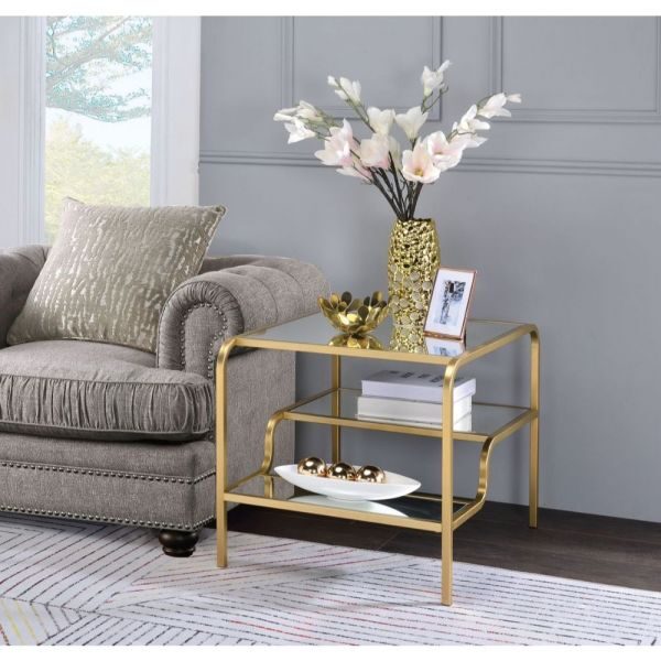 Gold finish & mirror end table by Acme