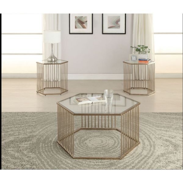 Champagne finish & clear glass coffee table by Acme