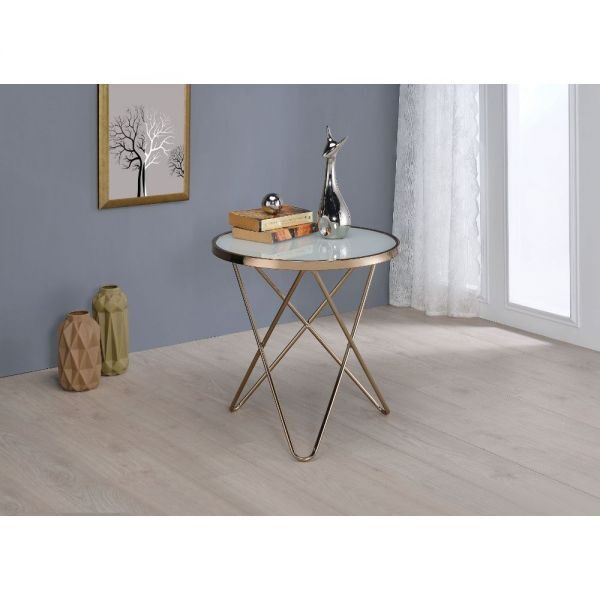 Champagne finish & frosted glass end table by Acme