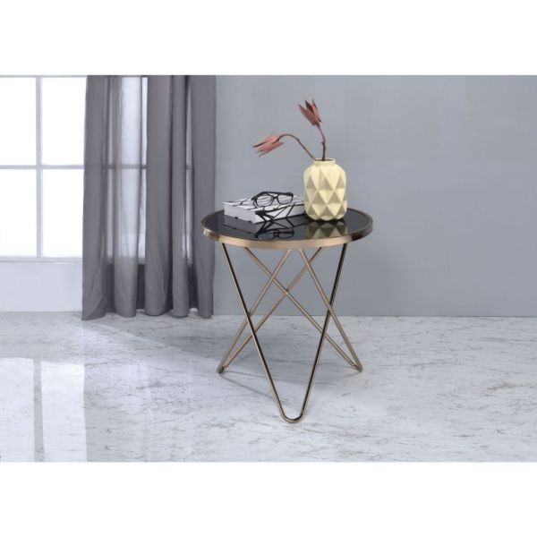 Champagne finish & black glass end table by Acme