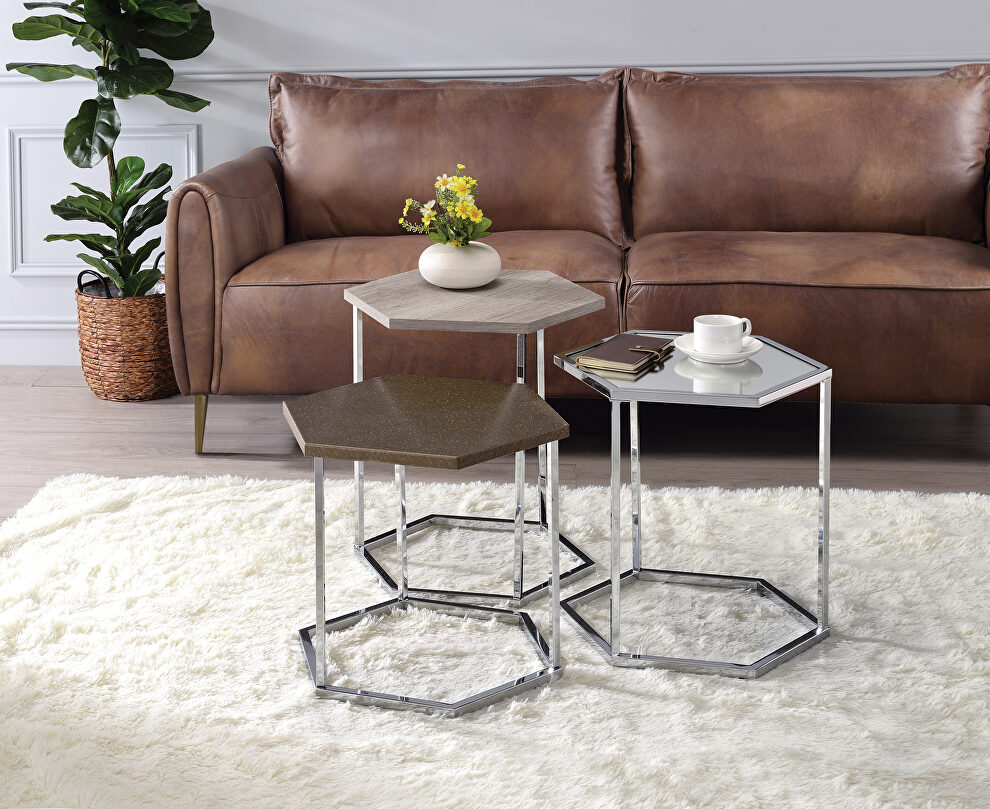 Six-sided top clean-lined silhouette nesting table set by Acme