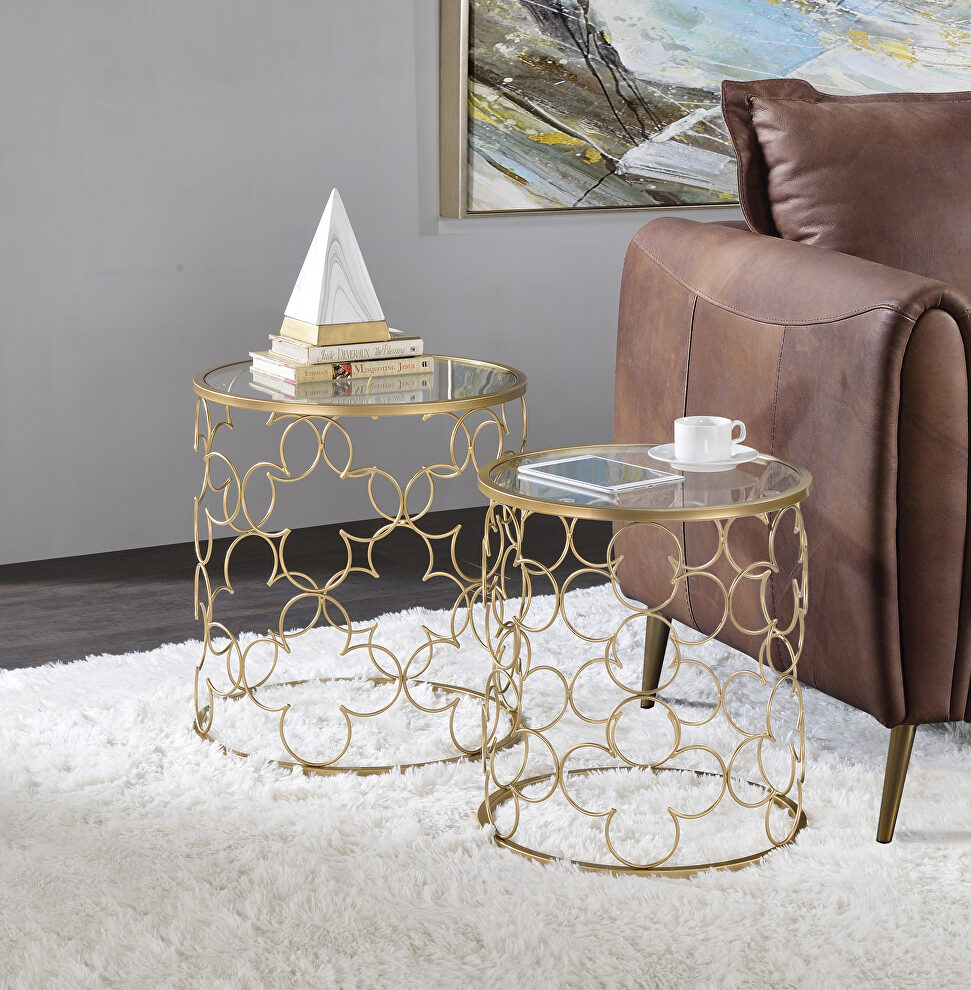 Round glass top/ open metal frame coffee table (2pc) by Acme