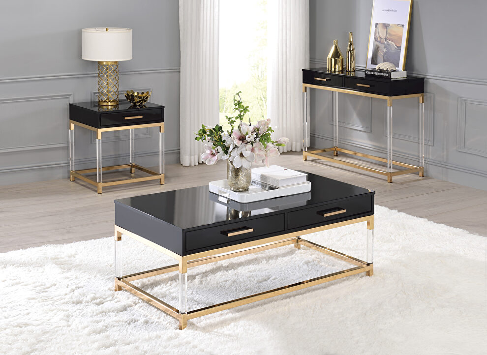Table top in a rich black and metal frame in gold finish coffee table by Acme
