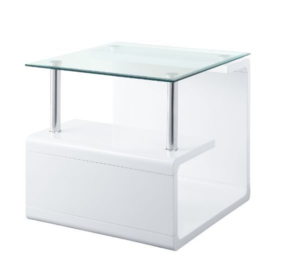Clear glass top & white high gloss finish base end table by Acme