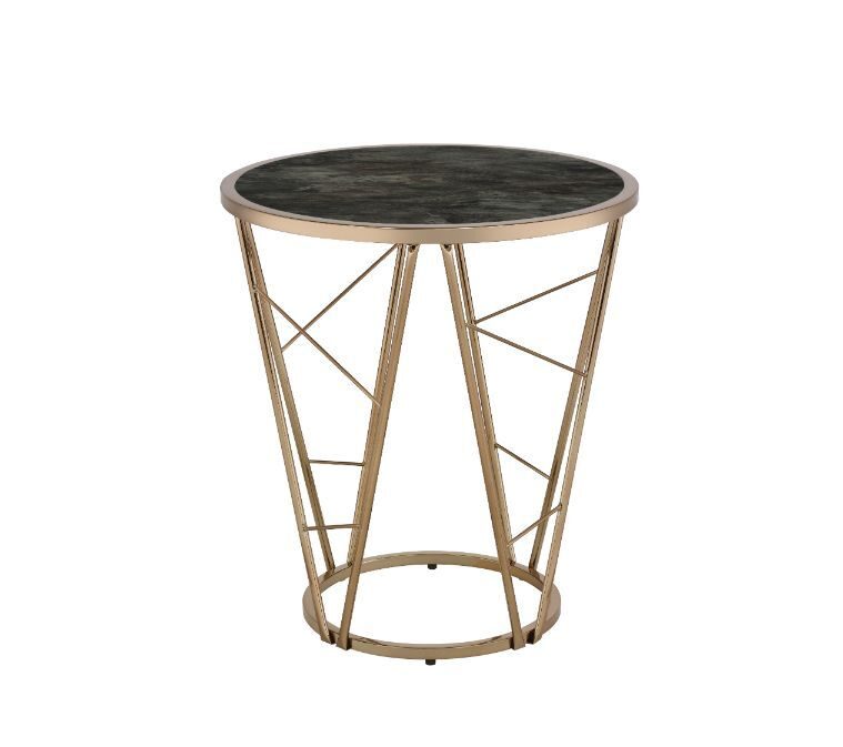 Faux black marble glass top and champagne finish base end table by Acme