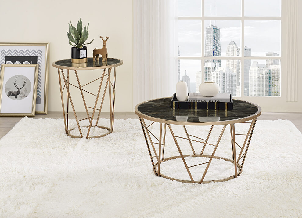 Faux black marble glass top and champagne finish base coffee table by Acme