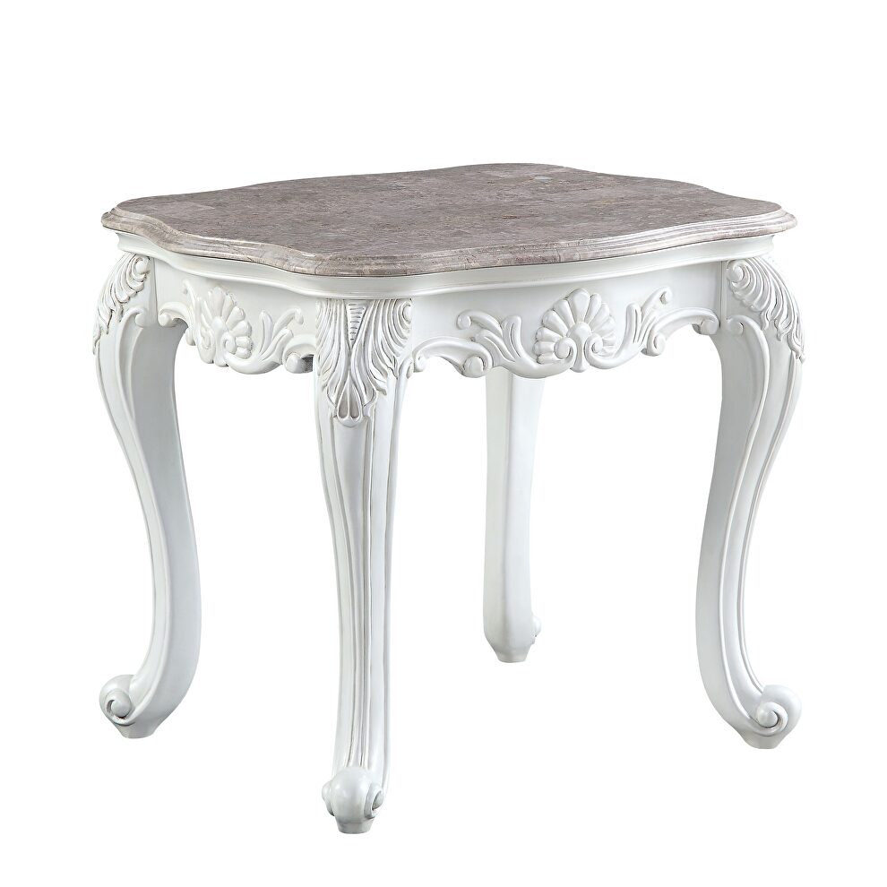 Marble top & white finish base end table by Acme