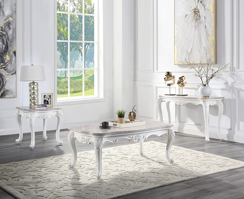 Marble top & white finish base rectangular coffee table by Acme