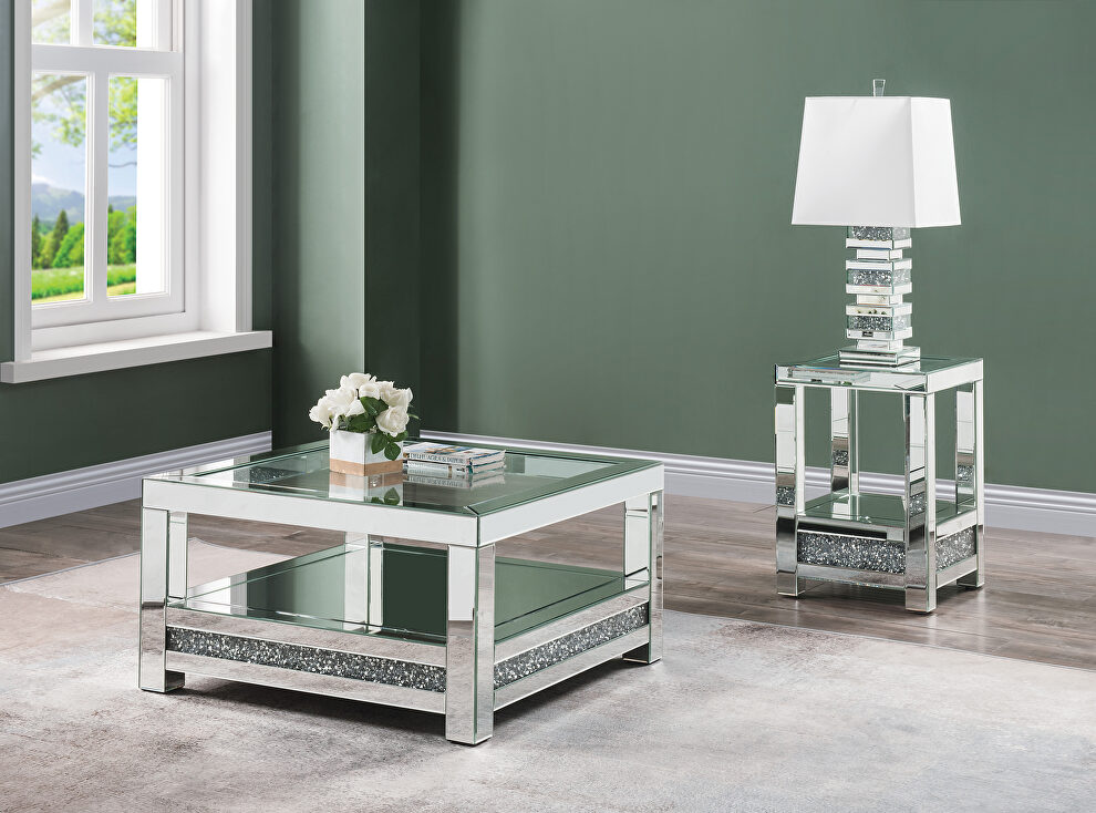 Clear tempered glass top mirrored & faux diamonds coffee table by Acme