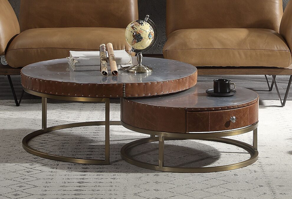 Aluminum & cocoa top grain leather coffee table by Acme