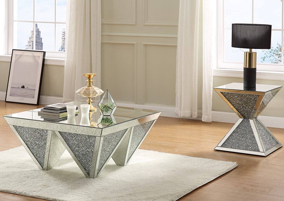 Inverted pyramids base mirrored panel coffee table by Acme