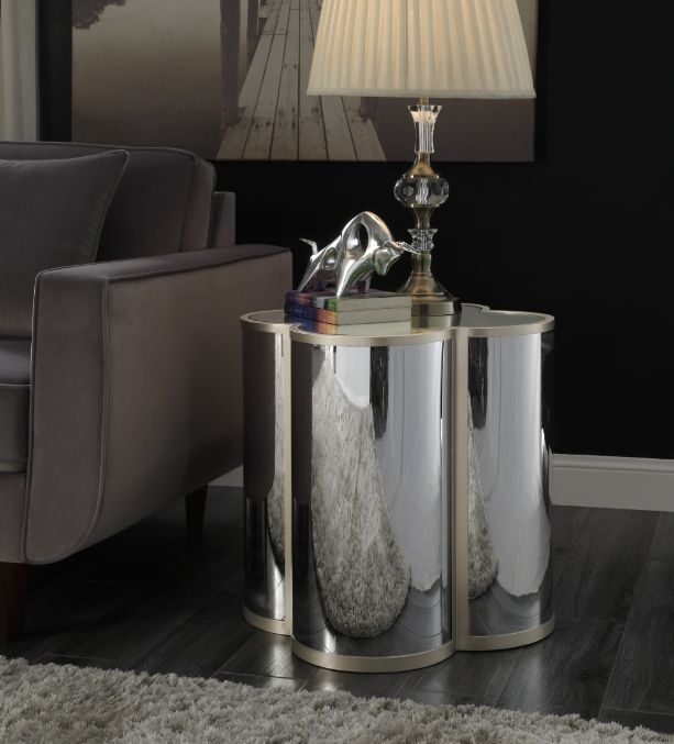 Silver & champagne finish mirrored table top/ base end table by Acme