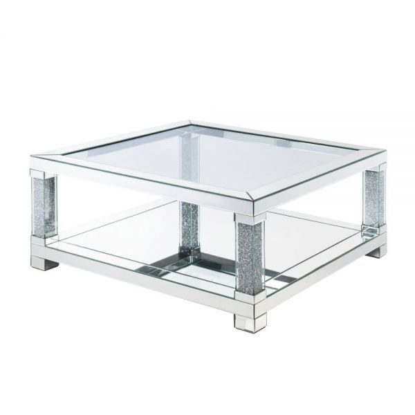 Airy mirrored panel / clear glass top square coffee table by Acme