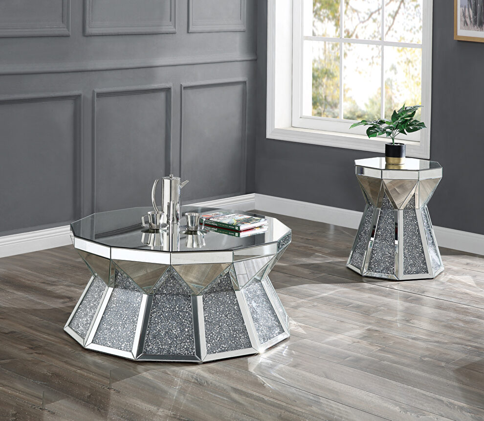 Mirrored top and pedestal table base coffee table by Acme