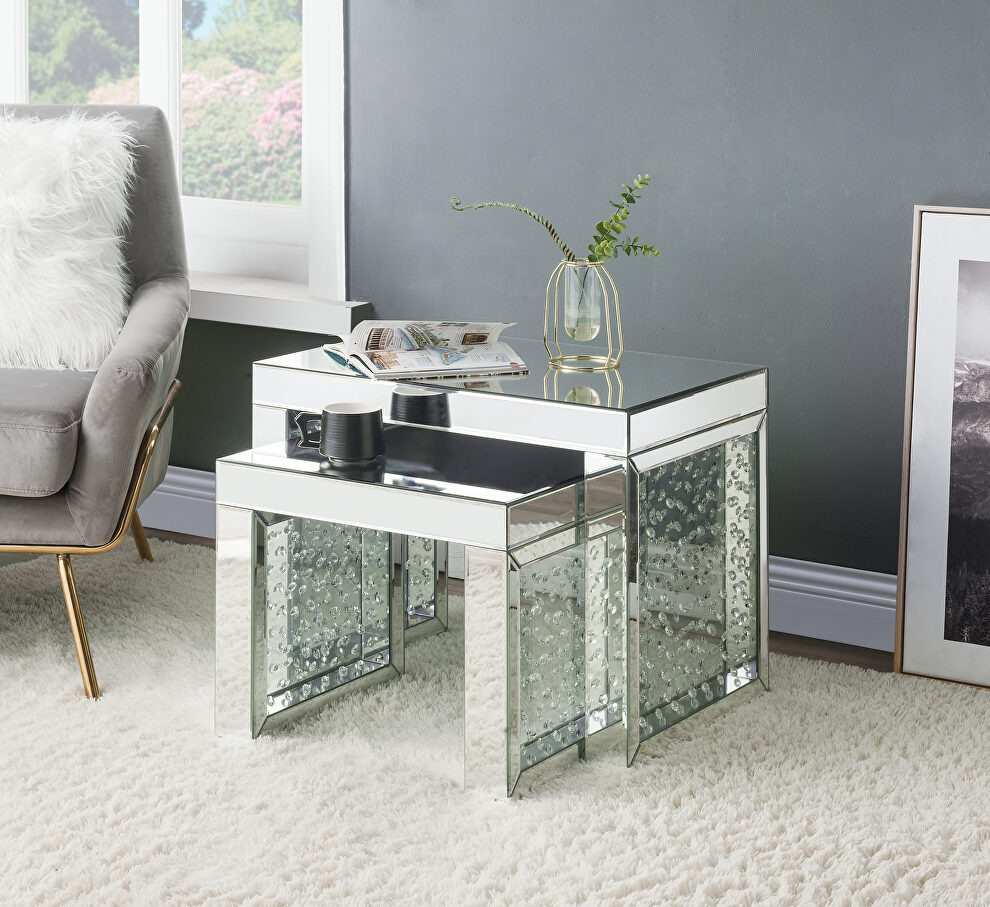 Brilliant mirrored top and glistening faux crystals inlay accent table by Acme