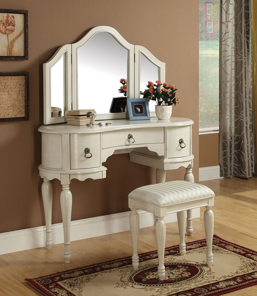White finish vanity desk, stool and mirror by Acme