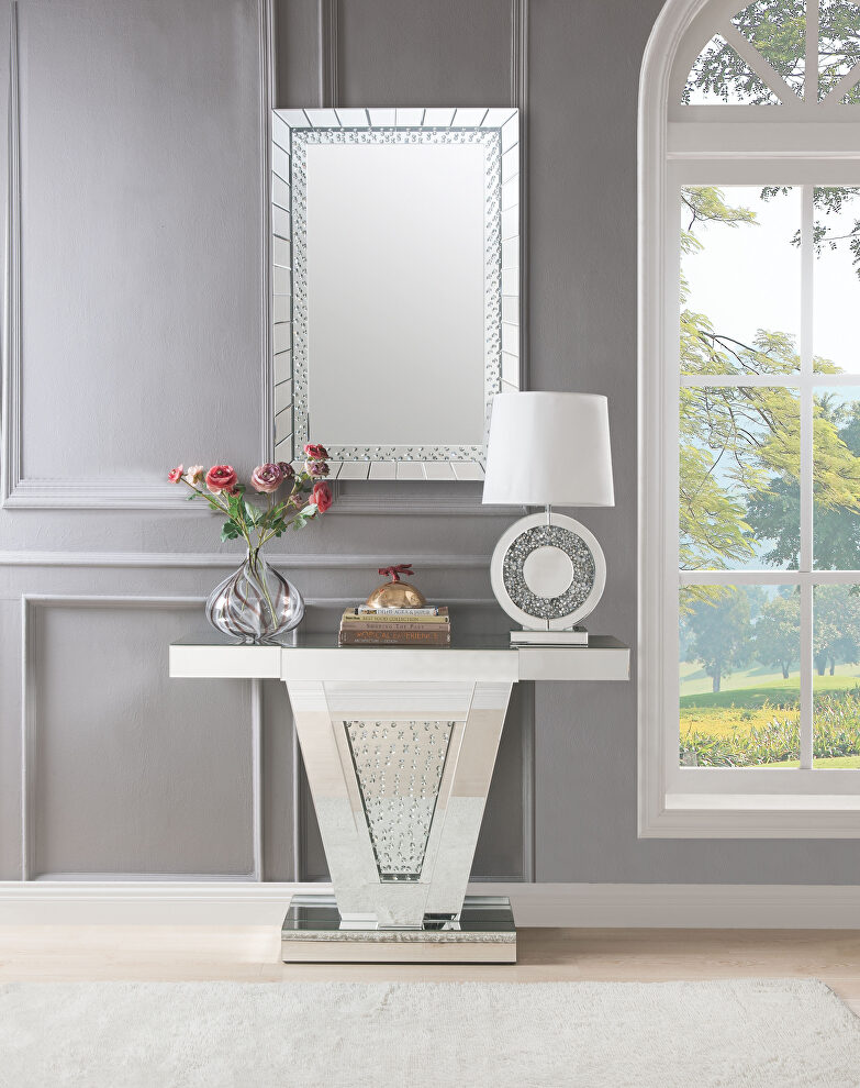 V-base mirrored panel console table by Acme