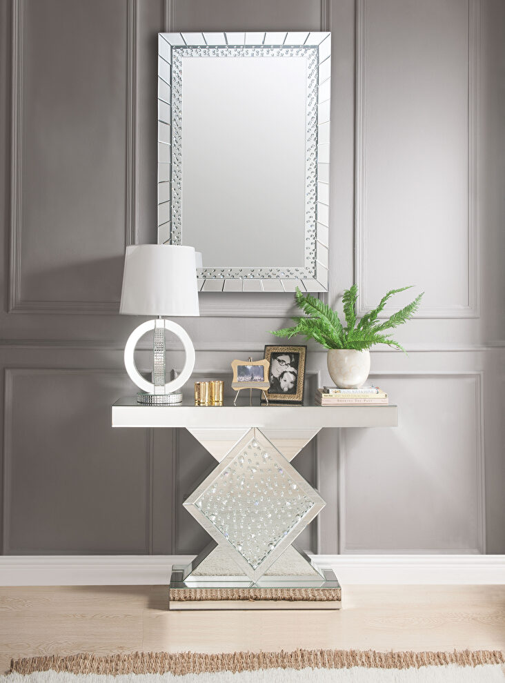 Turned square base glam style mirrored console by Acme