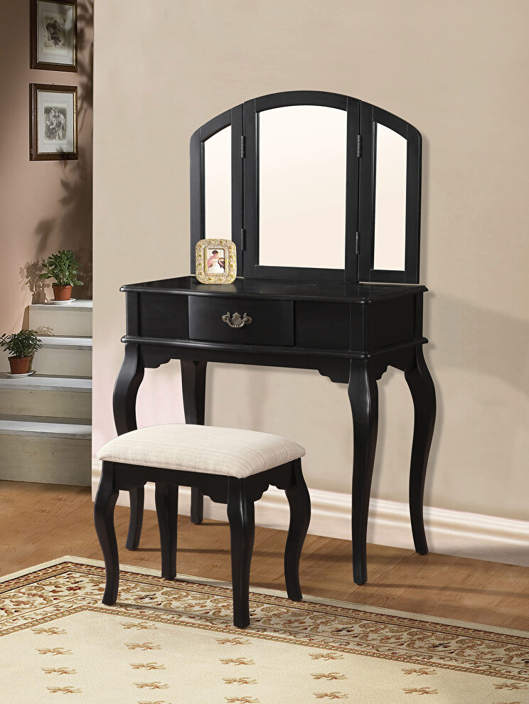 Black finish vanity desk, stool and mirror by Acme