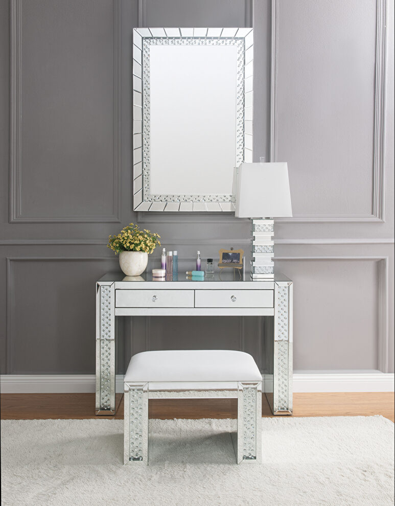 Mirrored & faux crystals vanity desk, stool and mirror by Acme