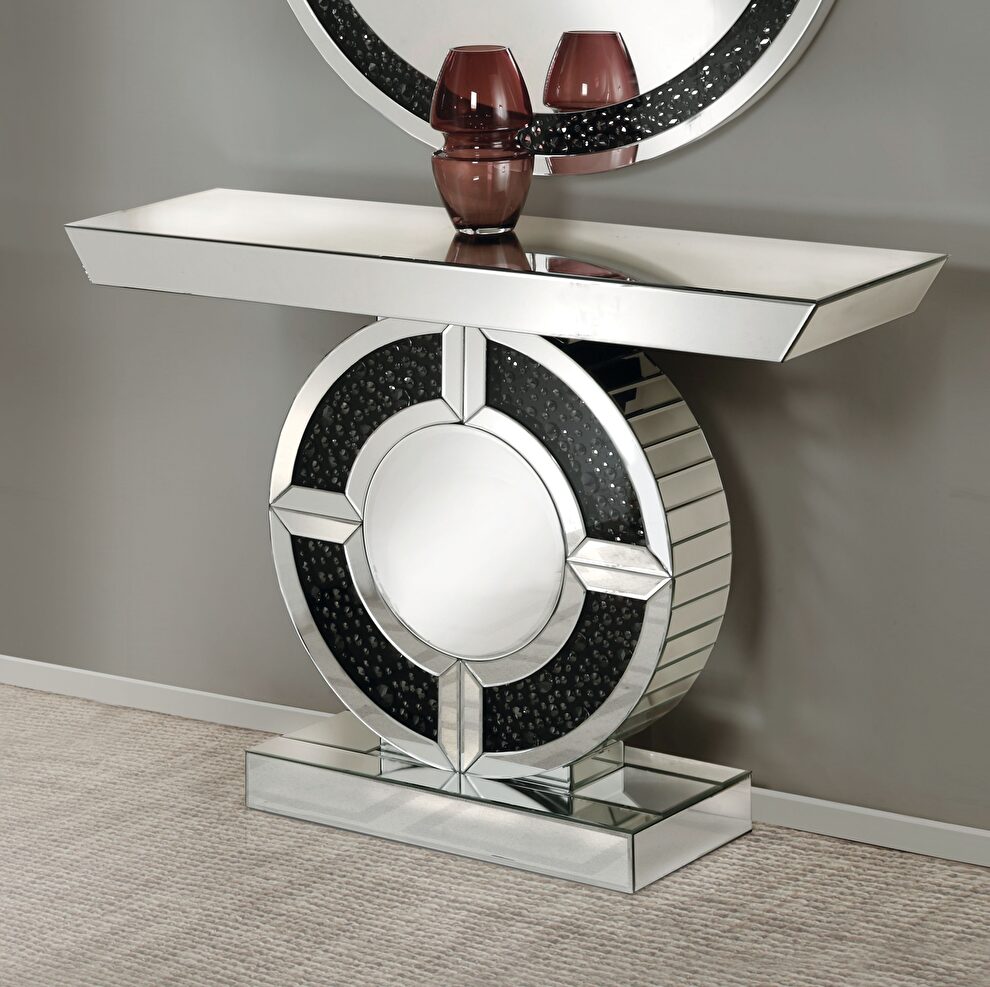 Mirrored glam style console table / display w circled base by Acme