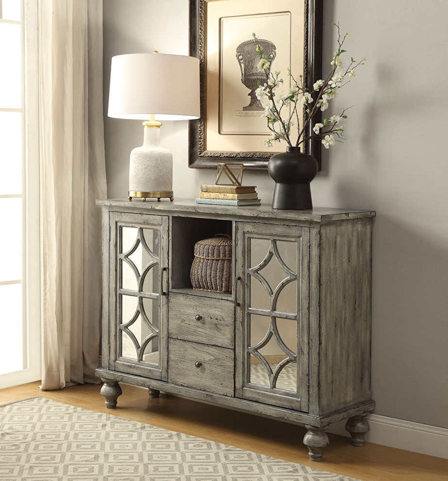 Weathered gray console table w/ glass inlays by Acme