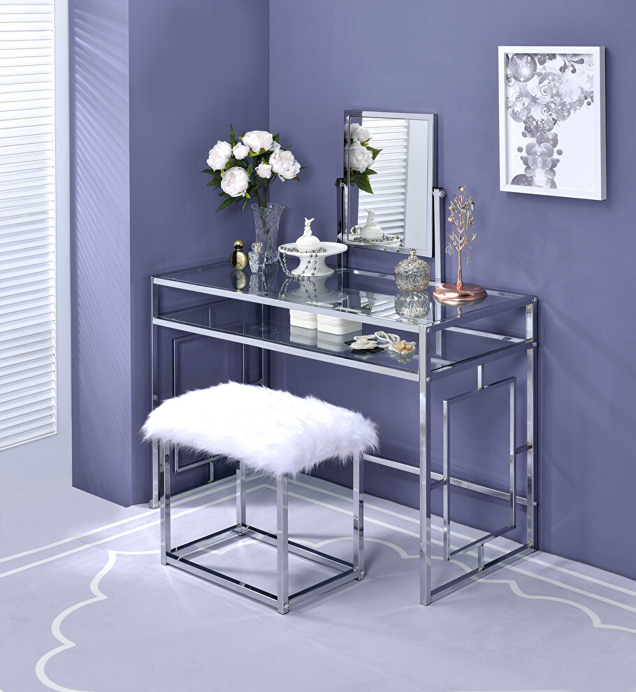 White faux fur & chrome vanity desk and stool by Acme
