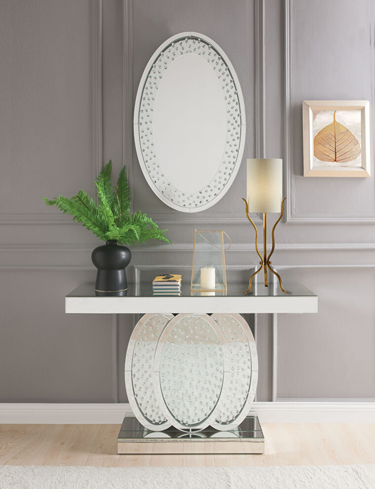 Mirrored console table w/ 3 crossed oval design base by Acme