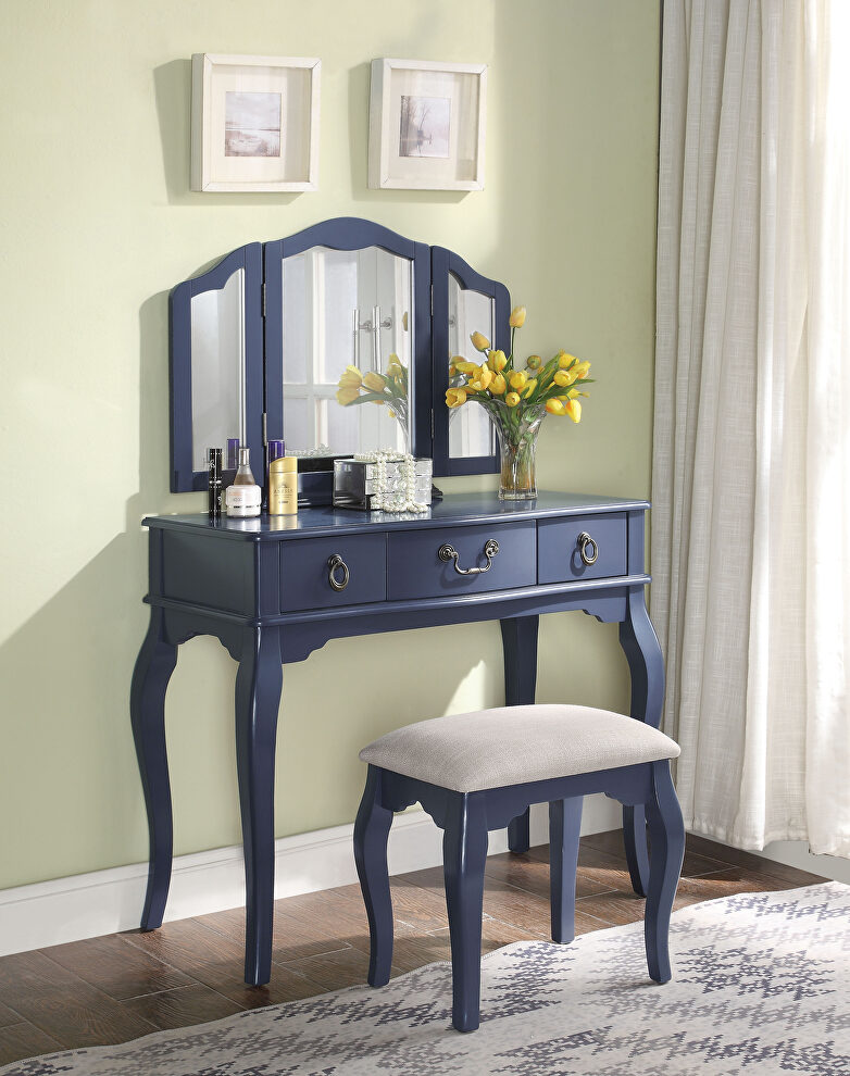 Tan fabric & blue gray vanity set: desk, stool & mirror by Acme
