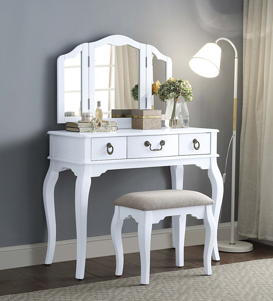 Tan fabric & white vanity set: desk, stool & mirror by Acme