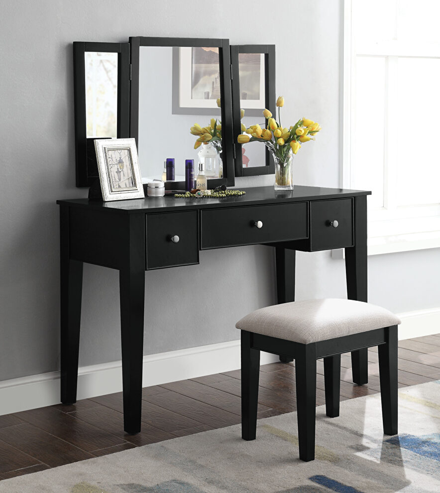Tan fabric & black finish vanity set: desk, stool & mirror by Acme