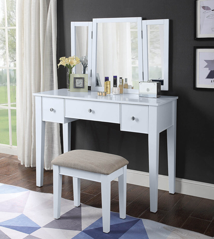 Tan fabric & white finish vanity set: desk, stool & mirror by Acme