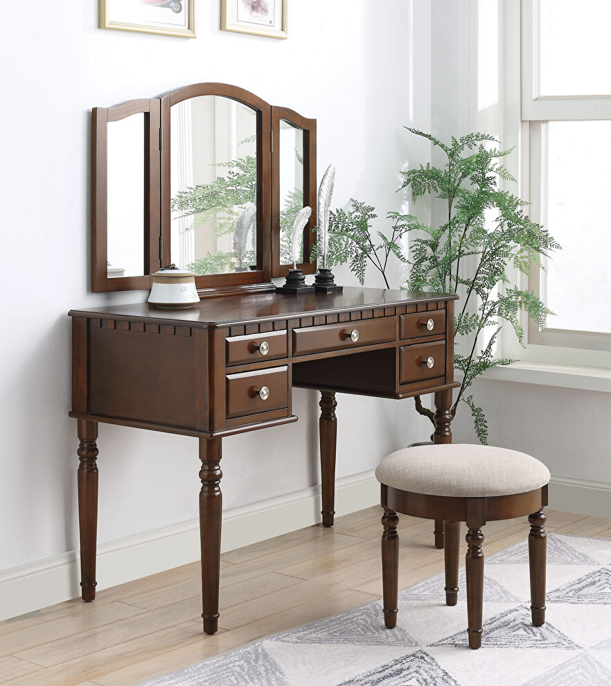 Tan fabric & cherry vanity set: desk, stool & mirror by Acme