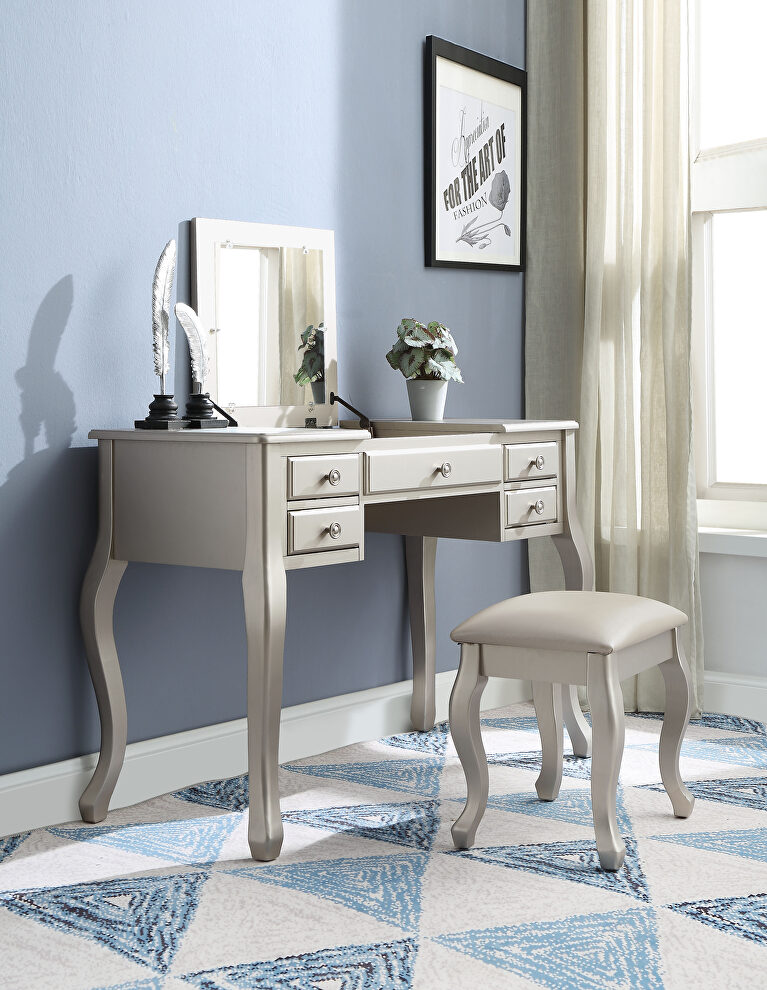 Pu & silver vanity set:  desk, stool & mirror by Acme