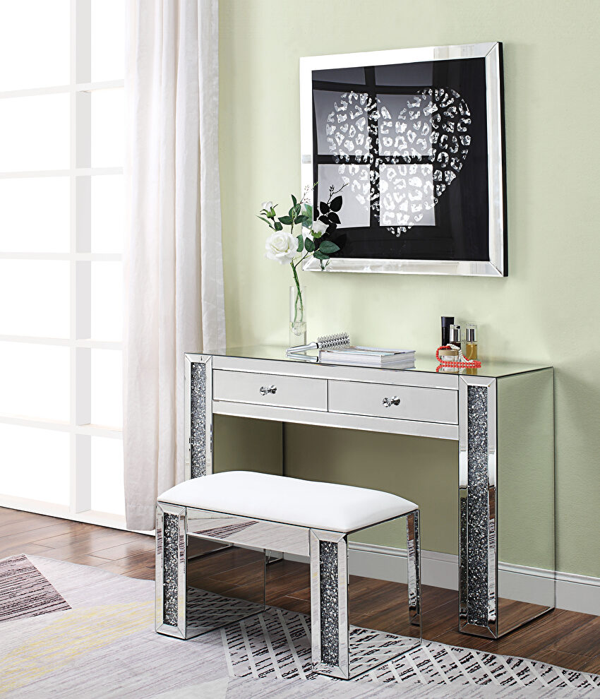 Mirrored & faux diamonds vanity desk, stool and wall art by Acme