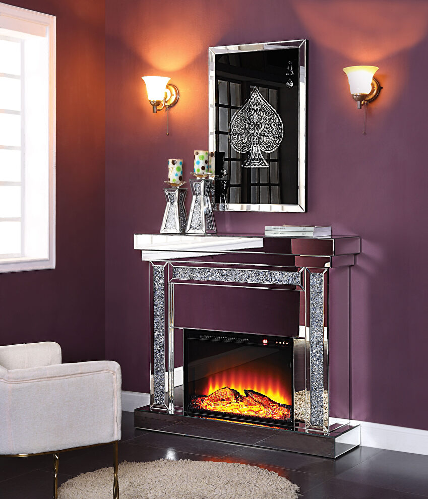 Mirrored & faux diamonds fireplace by Acme