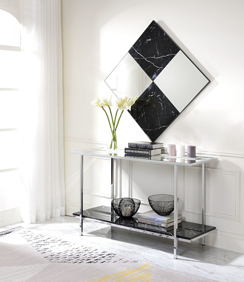 Mirrored faux marble & chrome console table by Acme