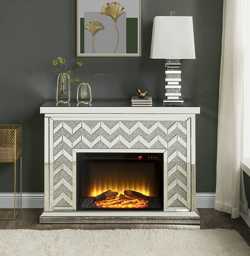 Mirrored chevron pattern and faux diamonds led electric fireplace by Acme