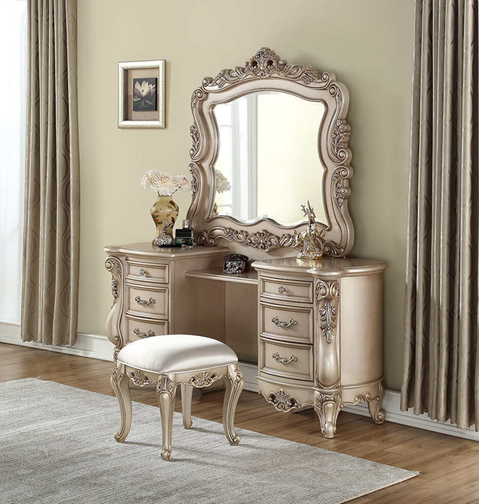 Antique white vanity desk, stool & mirror by Acme