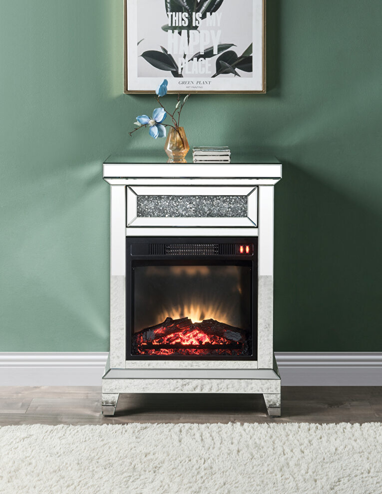 Mirrored & faux diamonds rectangular led electric fireplace by Acme