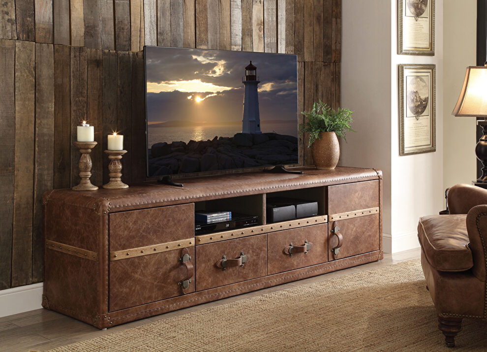 Retro brown top grain leather tv stand by Acme