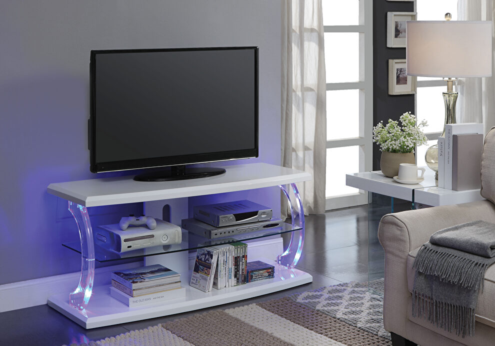 White & clear glass led tv stand by Acme