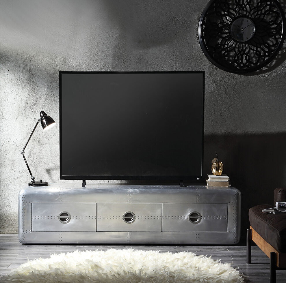 Aluminum TV stand in aviator style by Acme