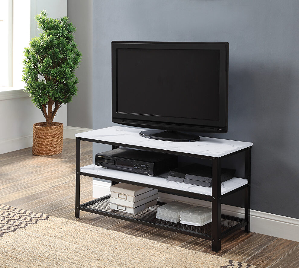 White printed faux marble & black finish TV stand by Acme