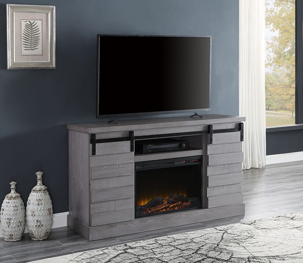 Gray oak finish tv stand with fireplace by Acme