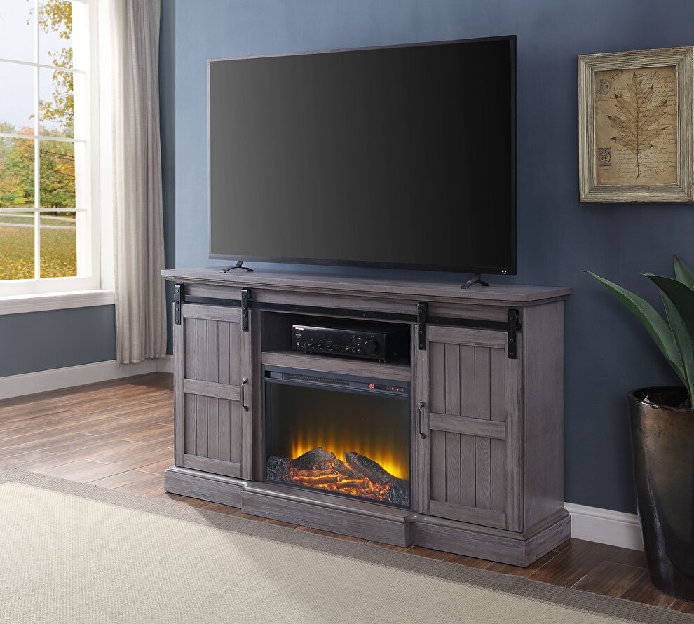 Gray oak finish TV unit with built-in fireplace by Acme