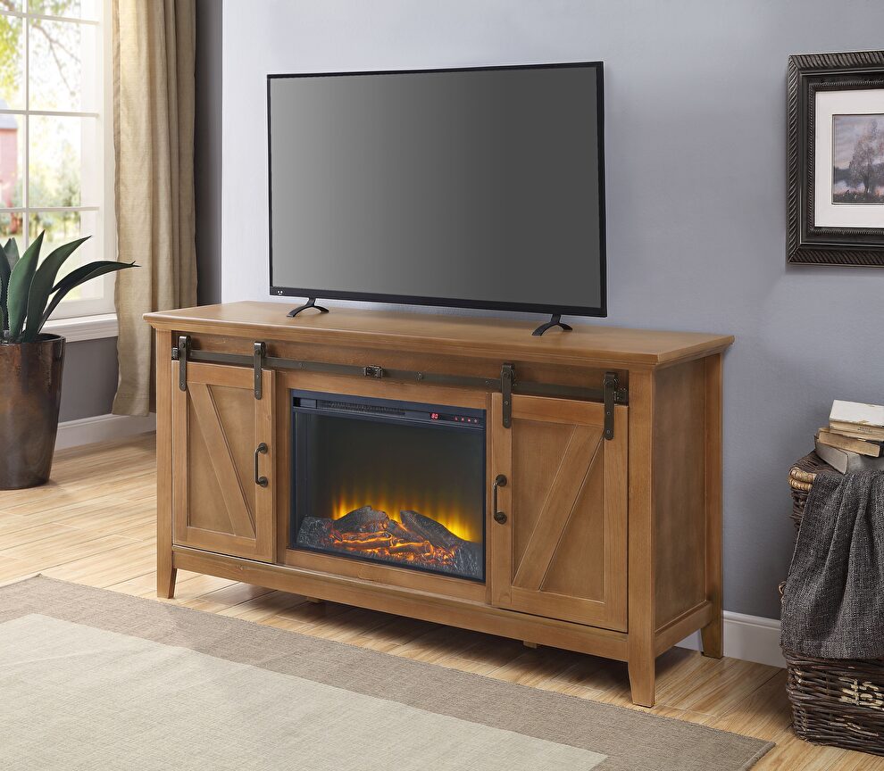 Honey oak finish tv stand with fireplace by Acme